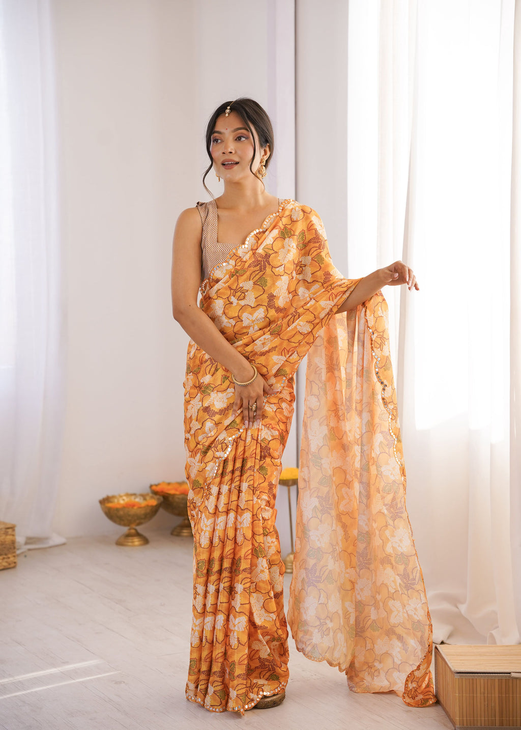 Jyoti Fashion Women's Multicolor Chinon Digital Printed Designer Saree with Blouse | Grocsy