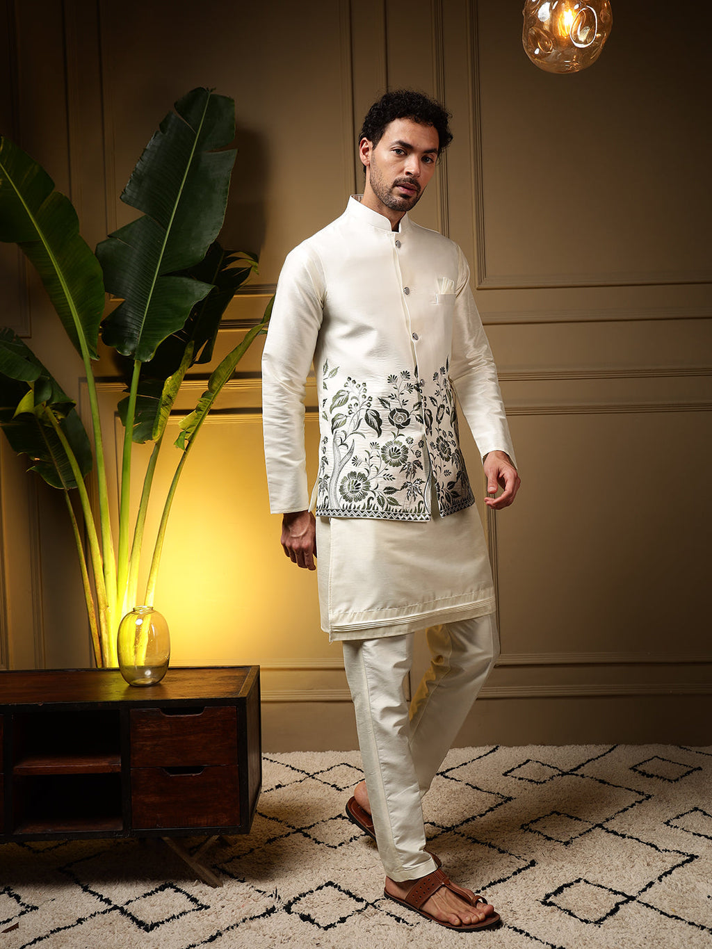Jyoti Fashion Men's Bottle Green Slub Silk Sequins Embroidered Kurta Set with Koti | Grocsy
