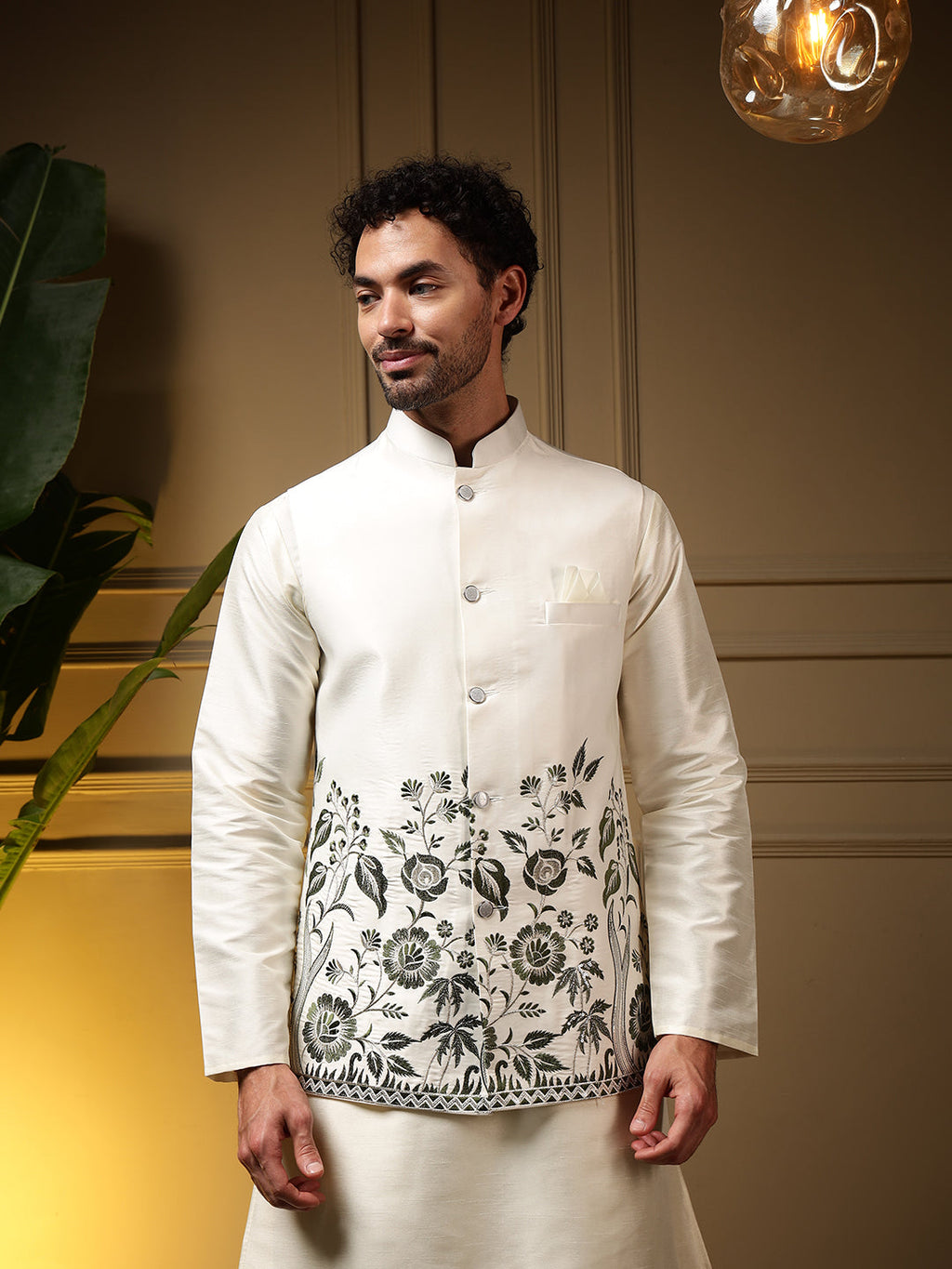 Jyoti Fashion Men's Bottle Green Slub Silk Sequins Embroidered Kurta Set with Koti | Grocsy