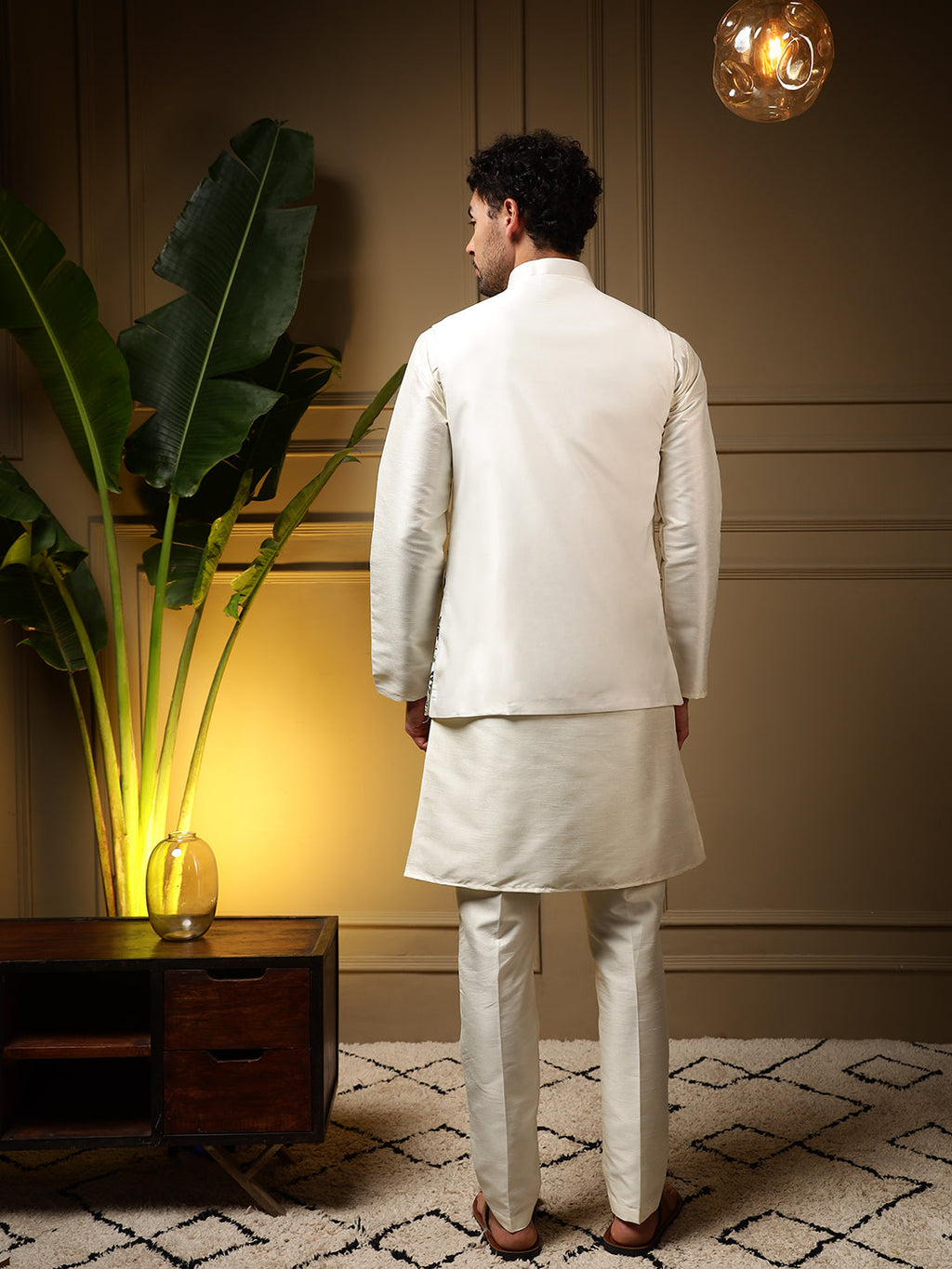 Jyoti Fashion Men's Bottle Green Slub Silk Sequins Embroidered Kurta Set with Koti | Grocsy