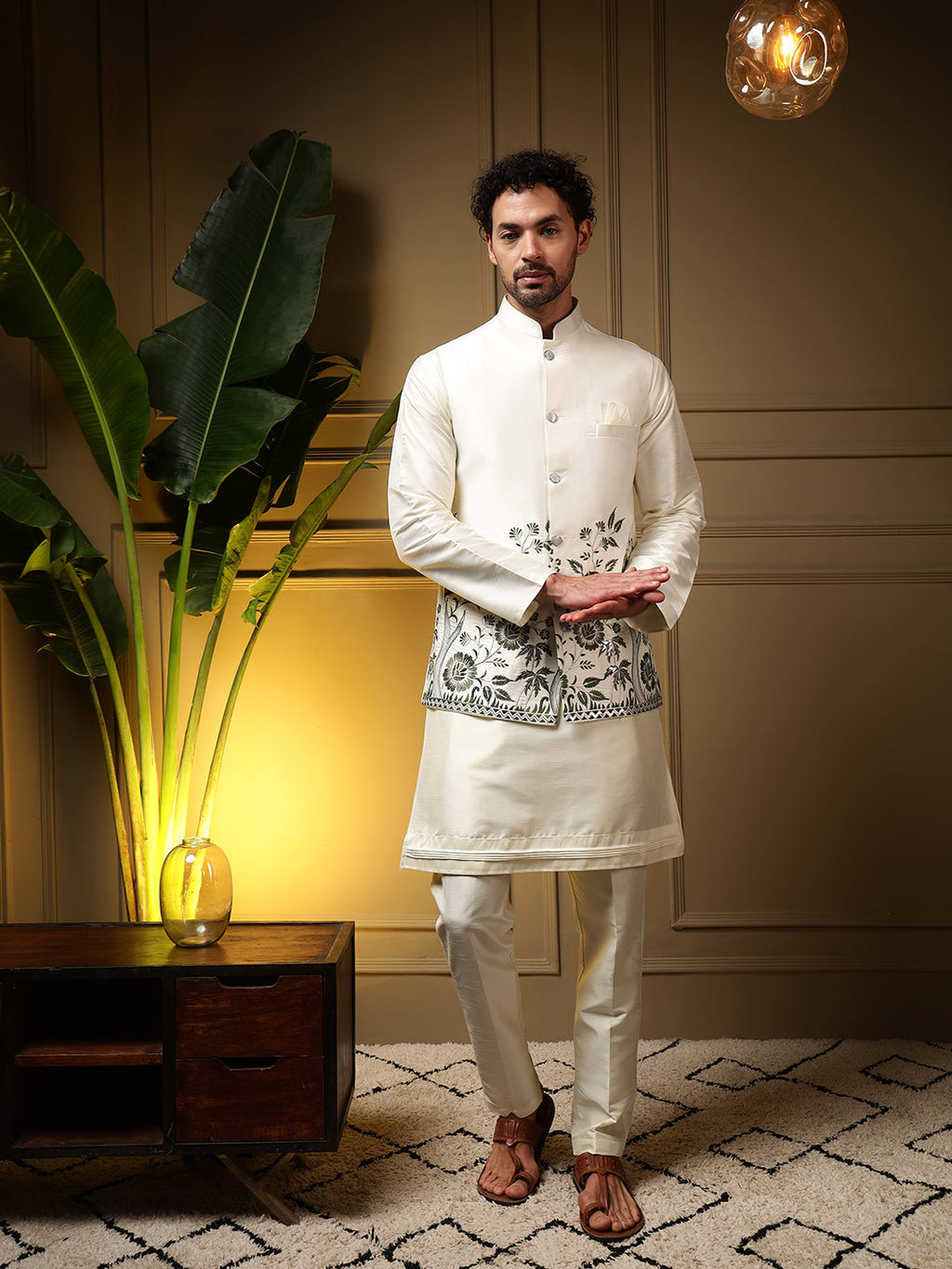Jyoti Fashion Men's Bottle Green Slub Silk Sequins Embroidered Kurta Set with Koti | Grocsy