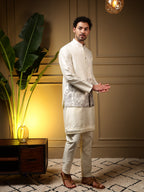 Jyoti Fashion Men's Grey Slub Silk Sequins Embroidered Kurta Set with Koti | Grocsy
