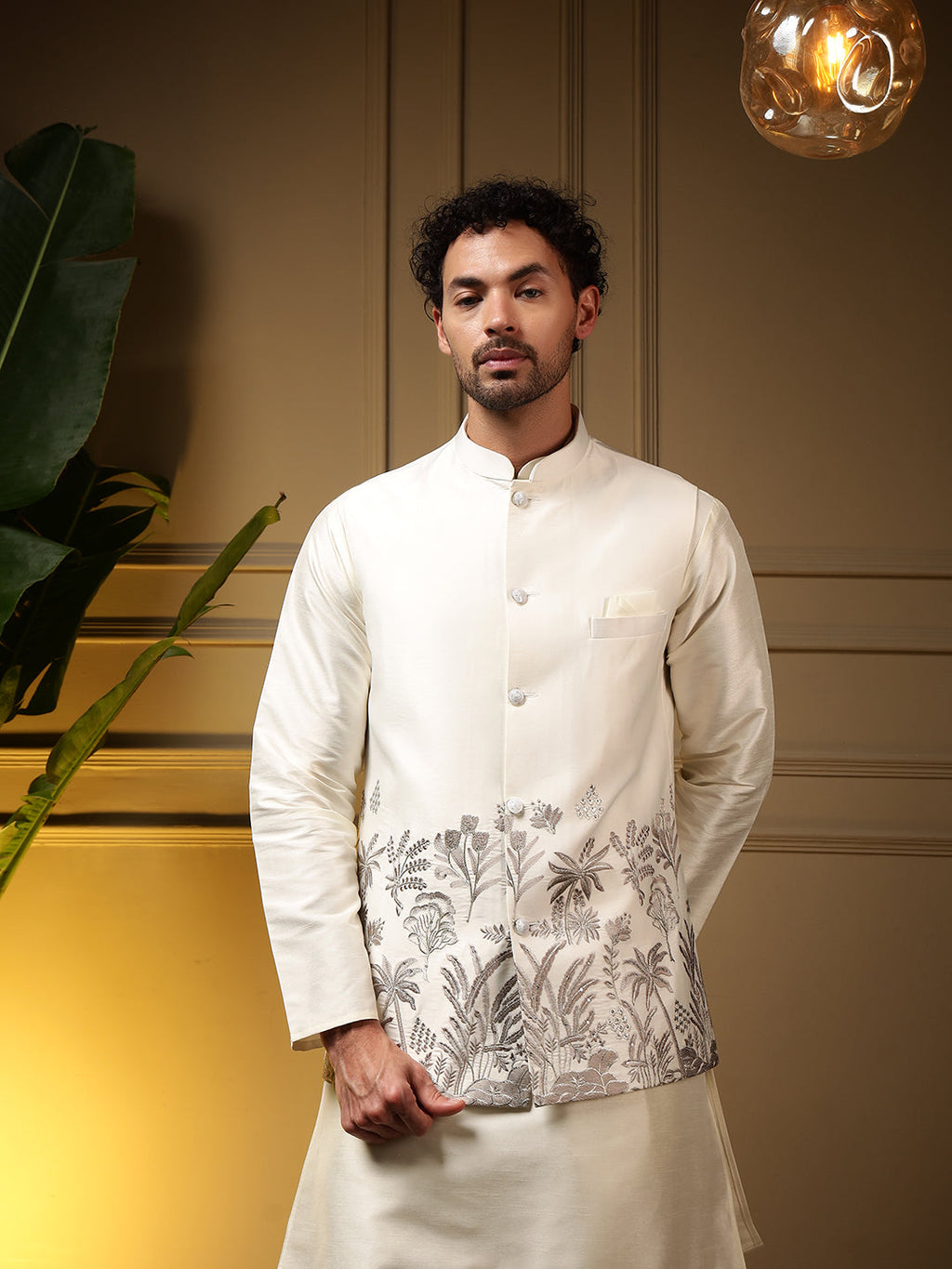 Jyoti Fashion Men's Grey Slub Silk Sequins Embroidered Kurta Set with Koti | Grocsy