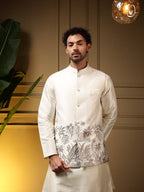 Jyoti Fashion Men's Grey Slub Silk Sequins Embroidered Kurta Set with Koti | Grocsy