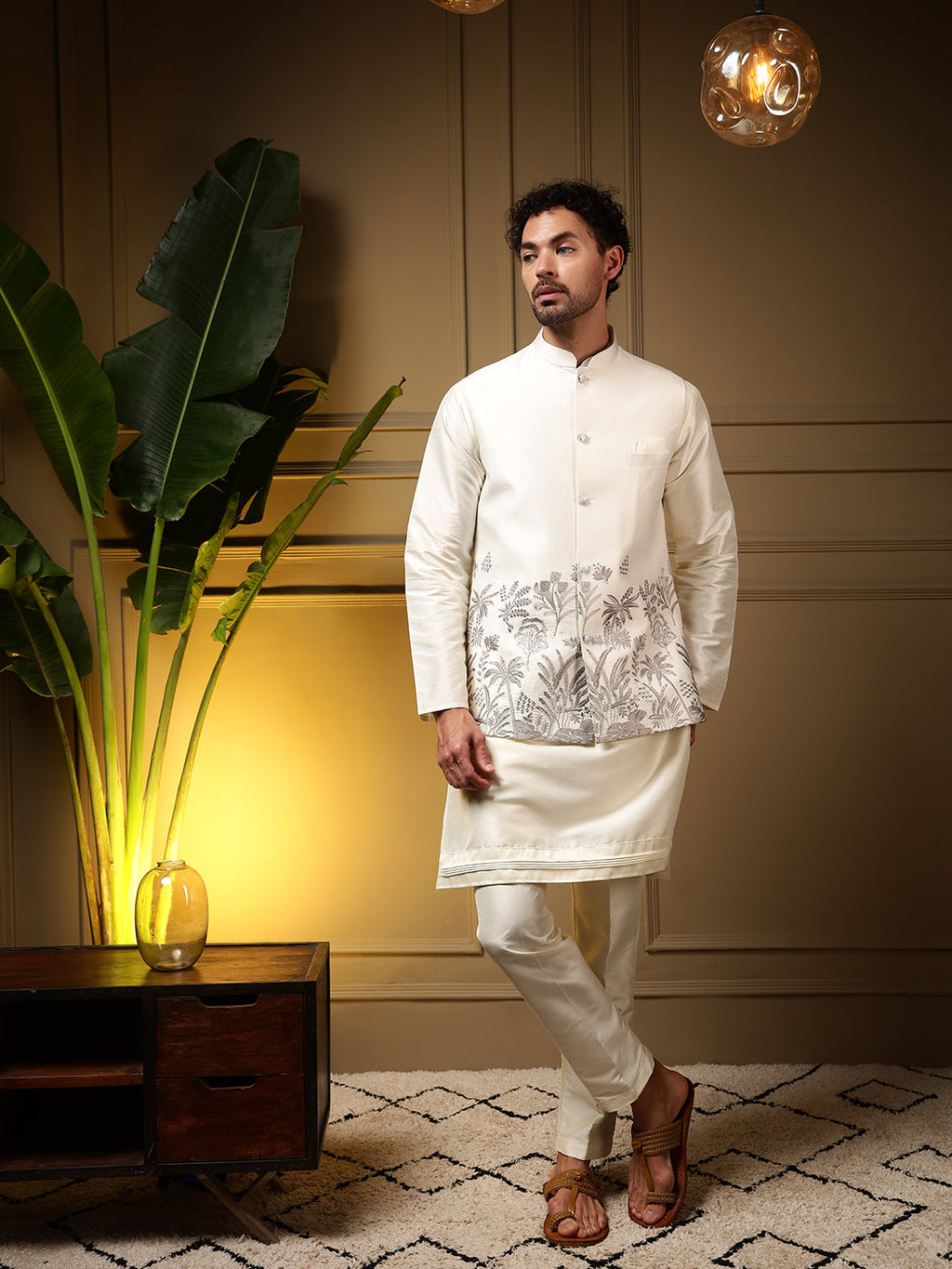 Jyoti Fashion Men's Grey Slub Silk Sequins Embroidered Kurta Set with Koti | Grocsy