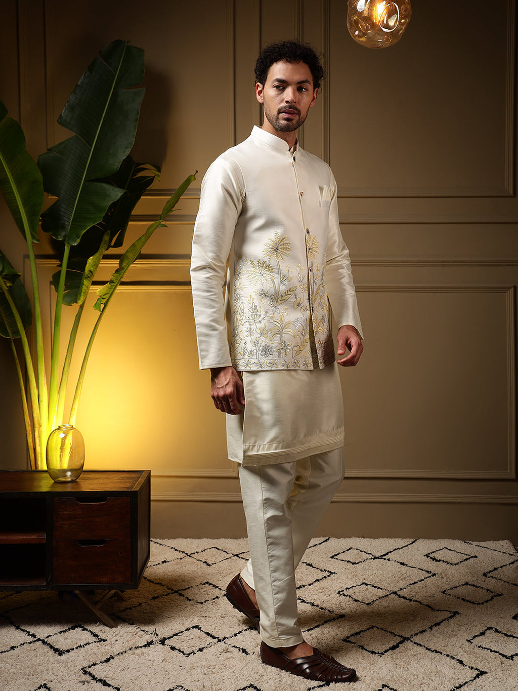 Jyoti Fashion Men's Yellow Slub Silk Sequins Embroidered Kurta Set with Koti | Grocsy