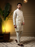 Jyoti Fashion Men's Yellow Slub Silk Sequins Embroidered Kurta Set with Koti | Grocsy