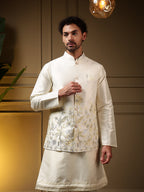 Jyoti Fashion Men's Yellow Slub Silk Sequins Embroidered Kurta Set with Koti | Grocsy