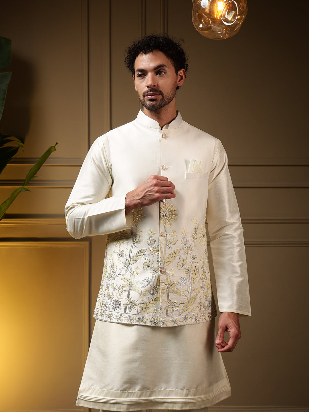 Jyoti Fashion Men's Yellow Slub Silk Sequins Embroidered Kurta Set with Koti | Grocsy
