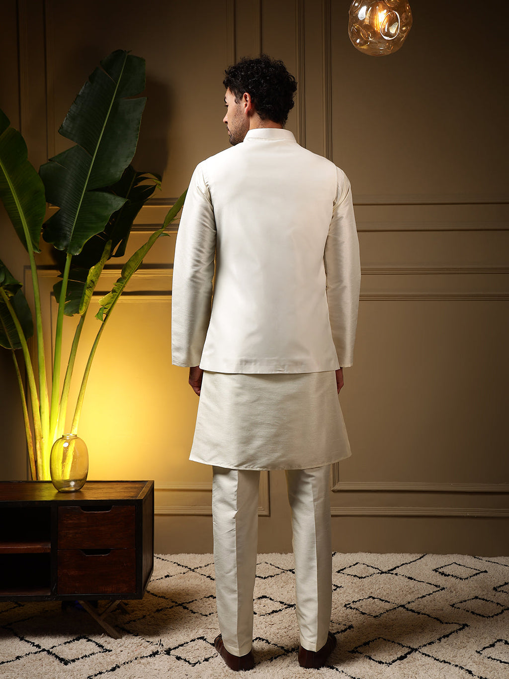 Jyoti Fashion Men's Yellow Slub Silk Sequins Embroidered Kurta Set with Koti | Grocsy