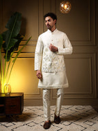 Jyoti Fashion Men's Yellow Slub Silk Sequins Embroidered Kurta Set with Koti | Grocsy