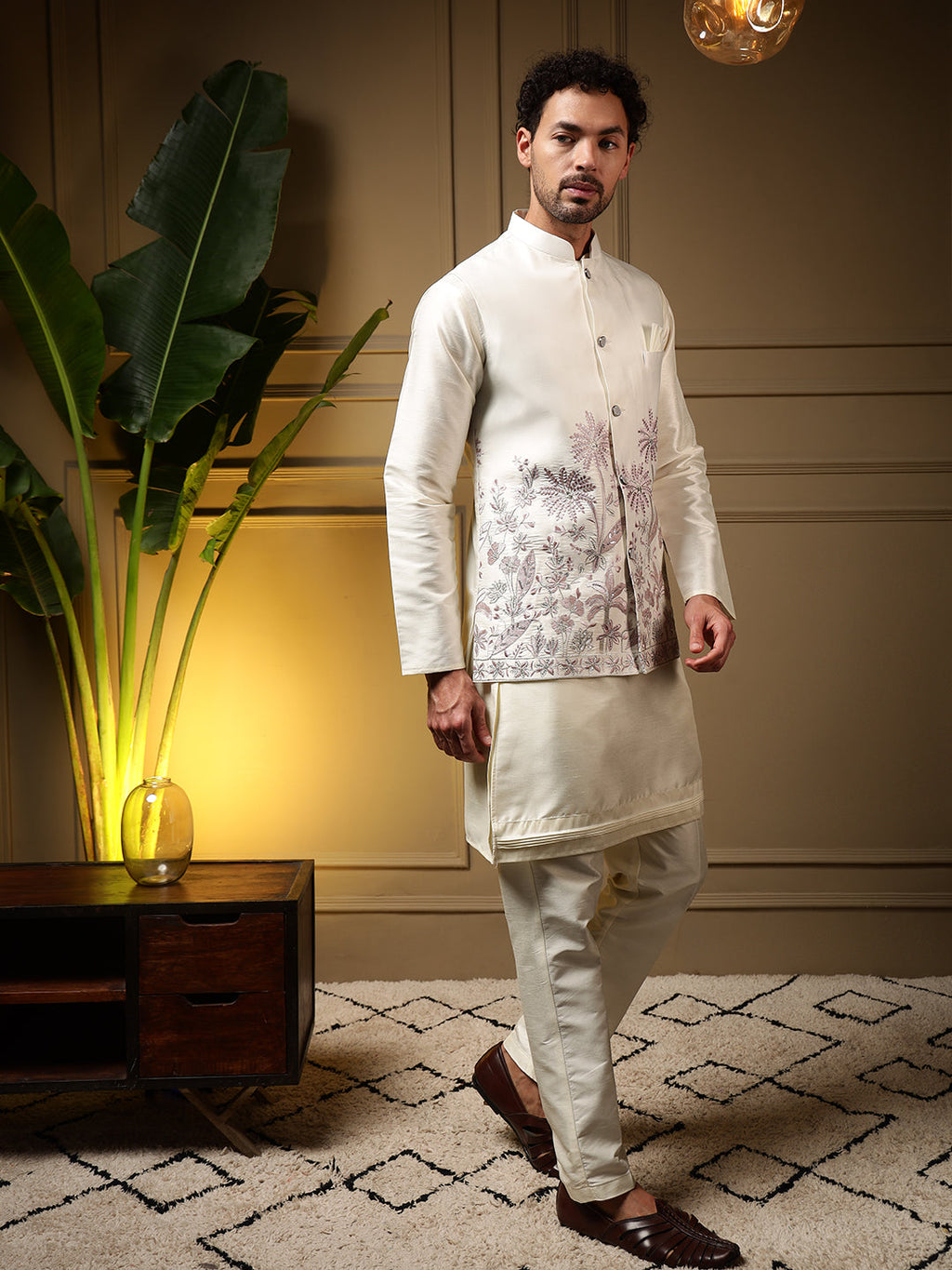Jyoti Fashion Men's Pink Slub Silk Sequins Embroidered Kurta Set with Koti | Grocsy