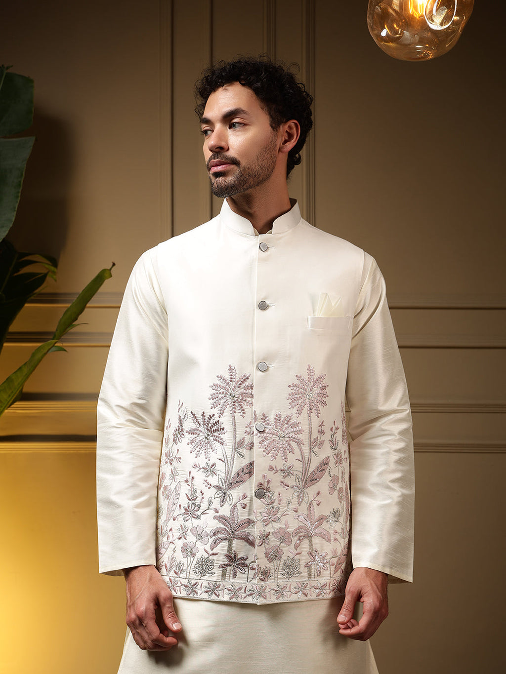 Jyoti Fashion Men's Pink Slub Silk Sequins Embroidered Kurta Set with Koti | Grocsy