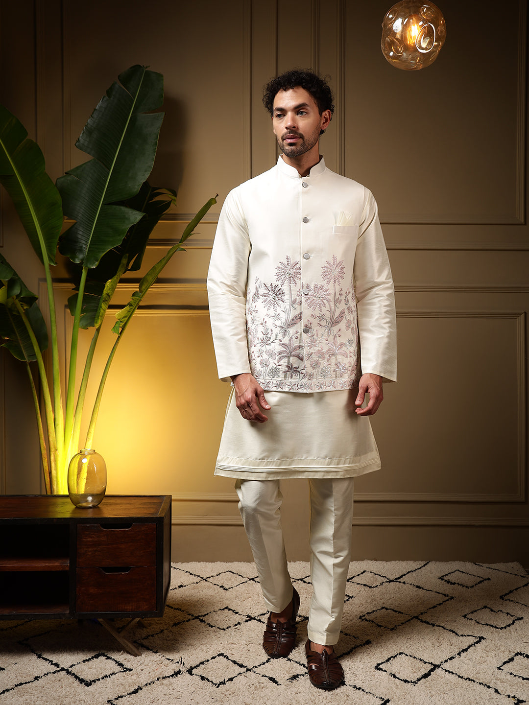 Jyoti Fashion Men's Pink Slub Silk Sequins Embroidered Kurta Set with Koti | Grocsy