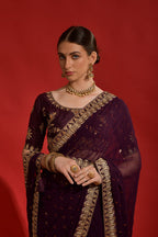 Jyoti Fashion Women's Wine Sequence Coding Embroidery Georgette Saree with Blouse | Grocsy