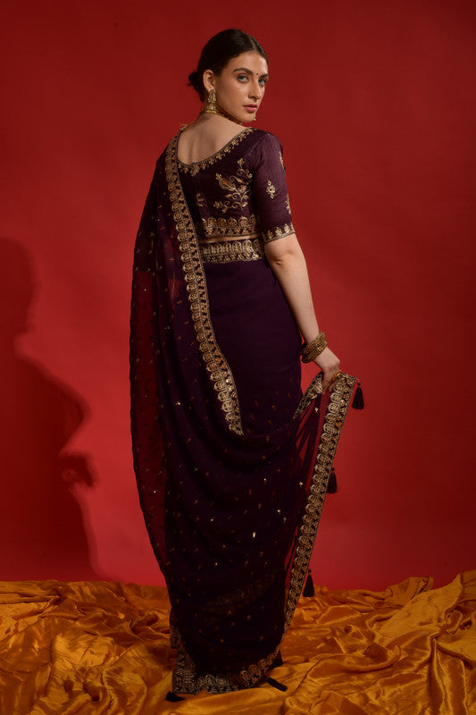 Jyoti Fashion Women's Wine Sequence Coding Embroidery Georgette Saree with Blouse | Grocsy