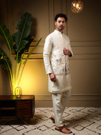 Jyoti Fashion Men's Peach Slub Silk Sequins Embroidered Kurta Set with Koti | Grocsy