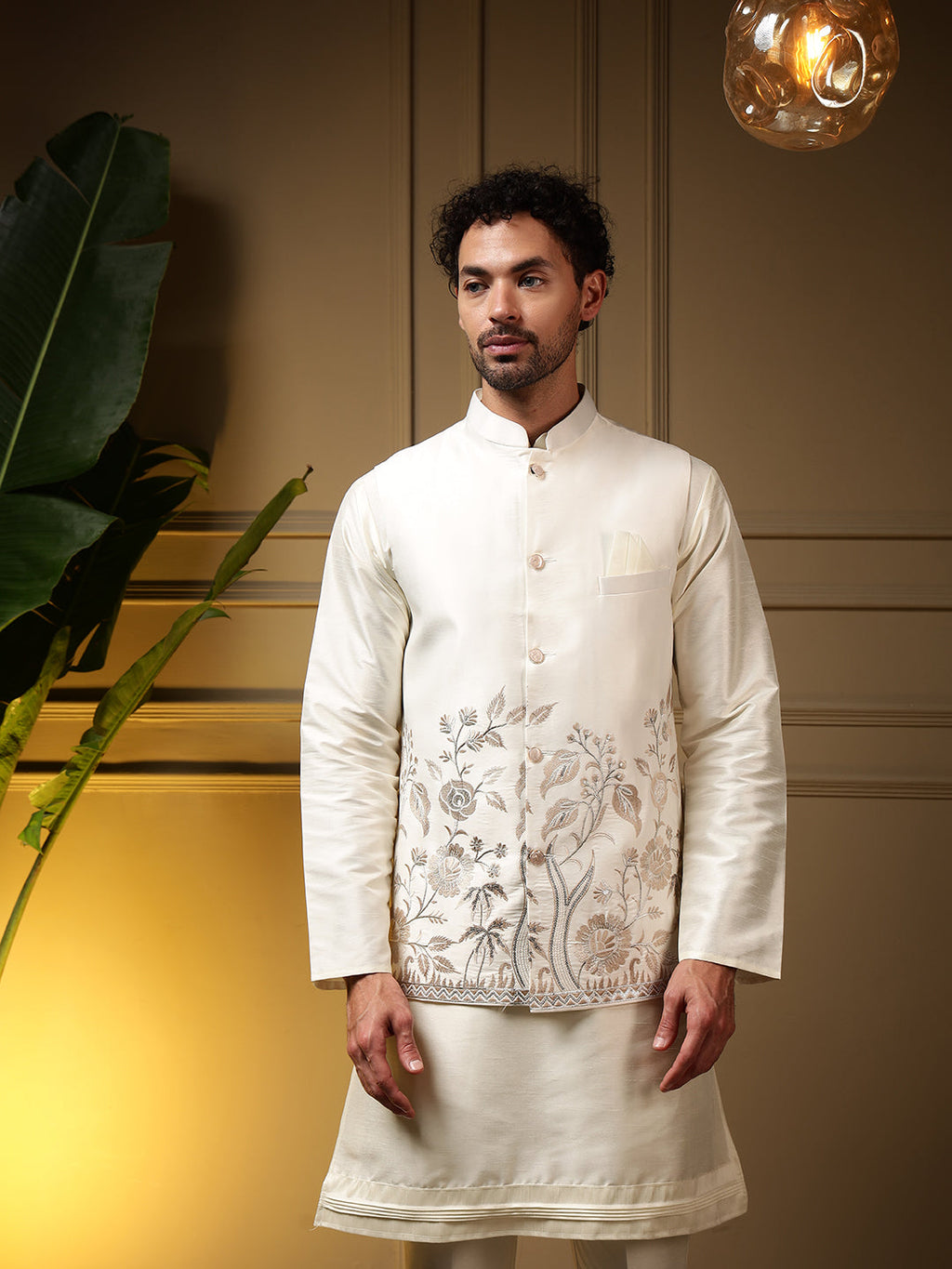Jyoti Fashion Men's Peach Slub Silk Sequins Embroidered Kurta Set with Koti | Grocsy