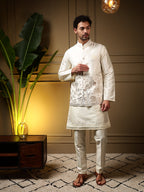 Jyoti Fashion Men's Peach Slub Silk Sequins Embroidered Kurta Set with Koti | Grocsy