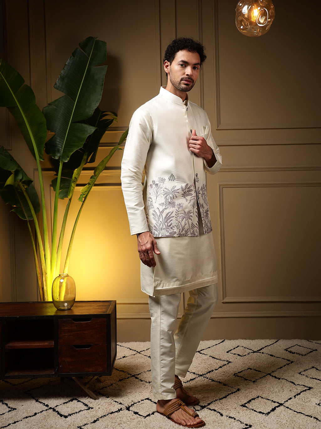Jyoti Fashion Men's Purple Slub Silk Sequins Embroidered Kurta Set with Koti | Grocsy