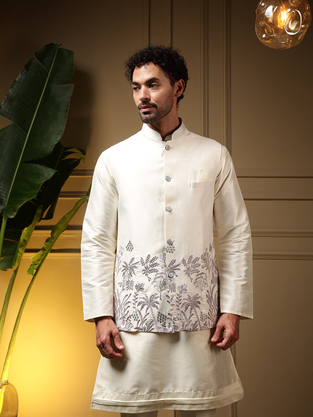 Jyoti Fashion Men's Purple Slub Silk Sequins Embroidered Kurta Set with Koti | Grocsy