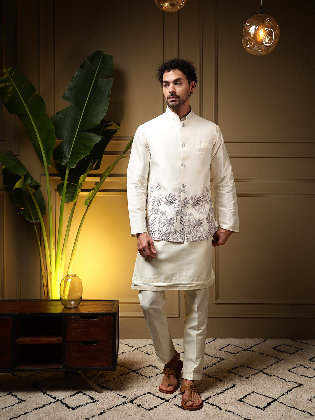Jyoti Fashion Men's Purple Slub Silk Sequins Embroidered Kurta Set with Koti | Grocsy