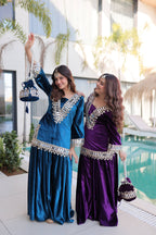 Jyoti Fashion Rama & Purple ICE Velvet Embroidered Designer Combo Kurta Set with Batwa | Grocsy