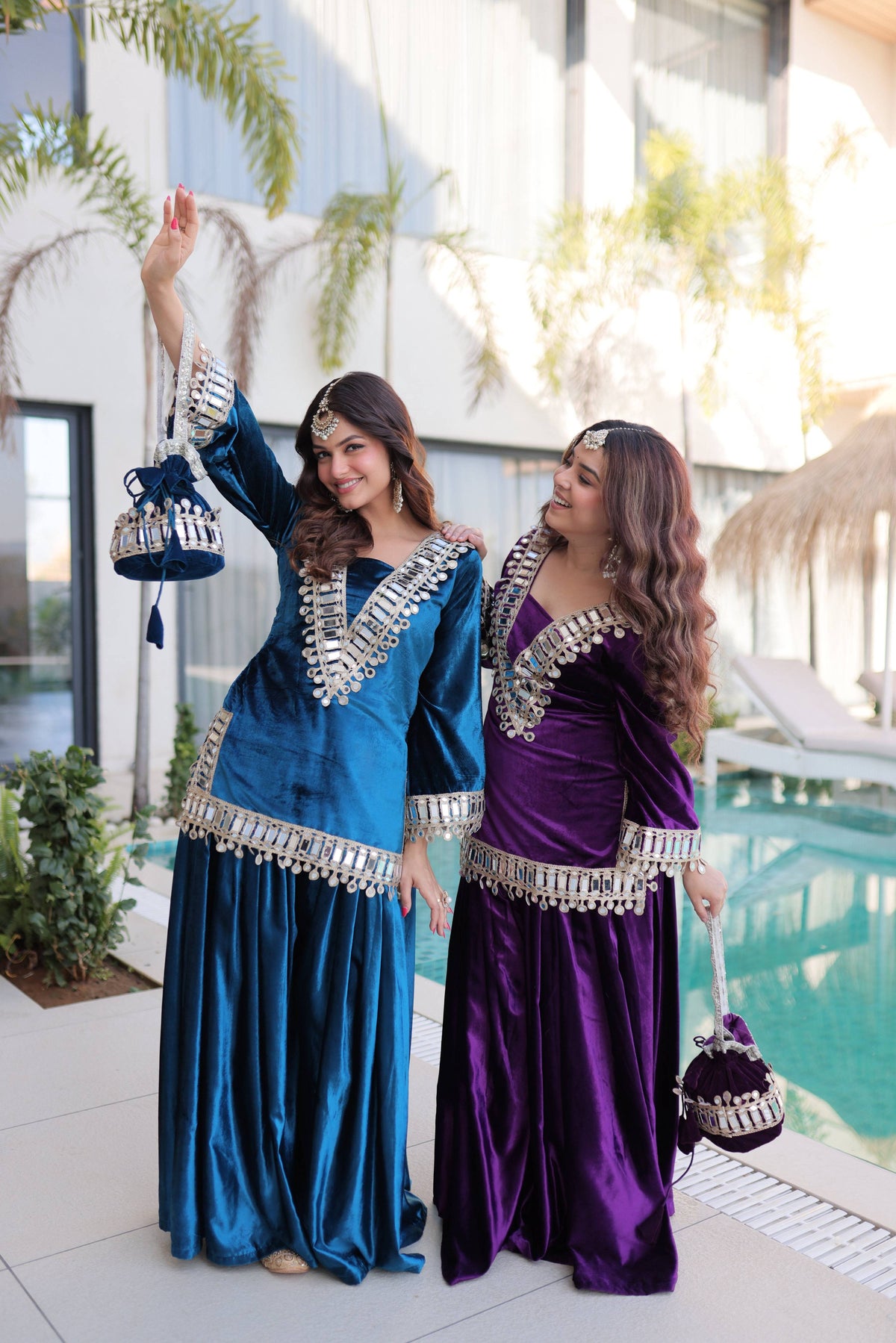 Jyoti Fashion Rama & Purple ICE Velvet Embroidered Designer Combo Kurta Set with Batwa | Grocsy