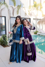 Jyoti Fashion Rama & Purple ICE Velvet Embroidered Designer Combo Kurta Set with Batwa | Grocsy