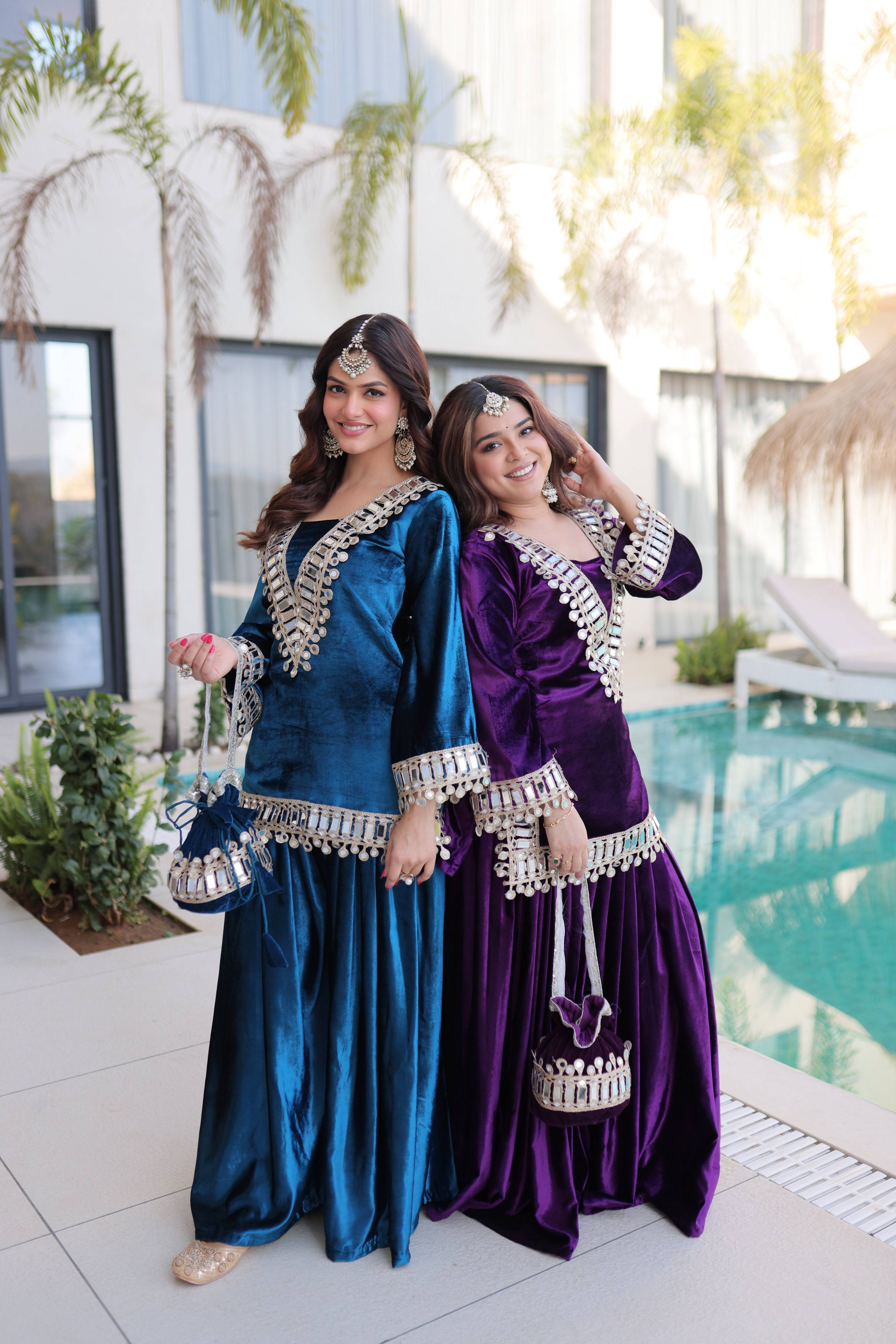 Jyoti Fashion Rama & Purple ICE Velvet Embroidered Designer Combo Kurta Set with Batwa | Grocsy