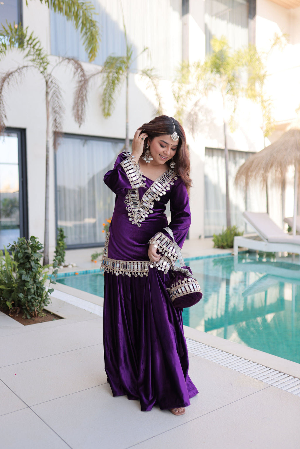 Jyoti Fashion Purple ICE Velvet Embroidered Designer Kurta Set with Batwa | Grocsy