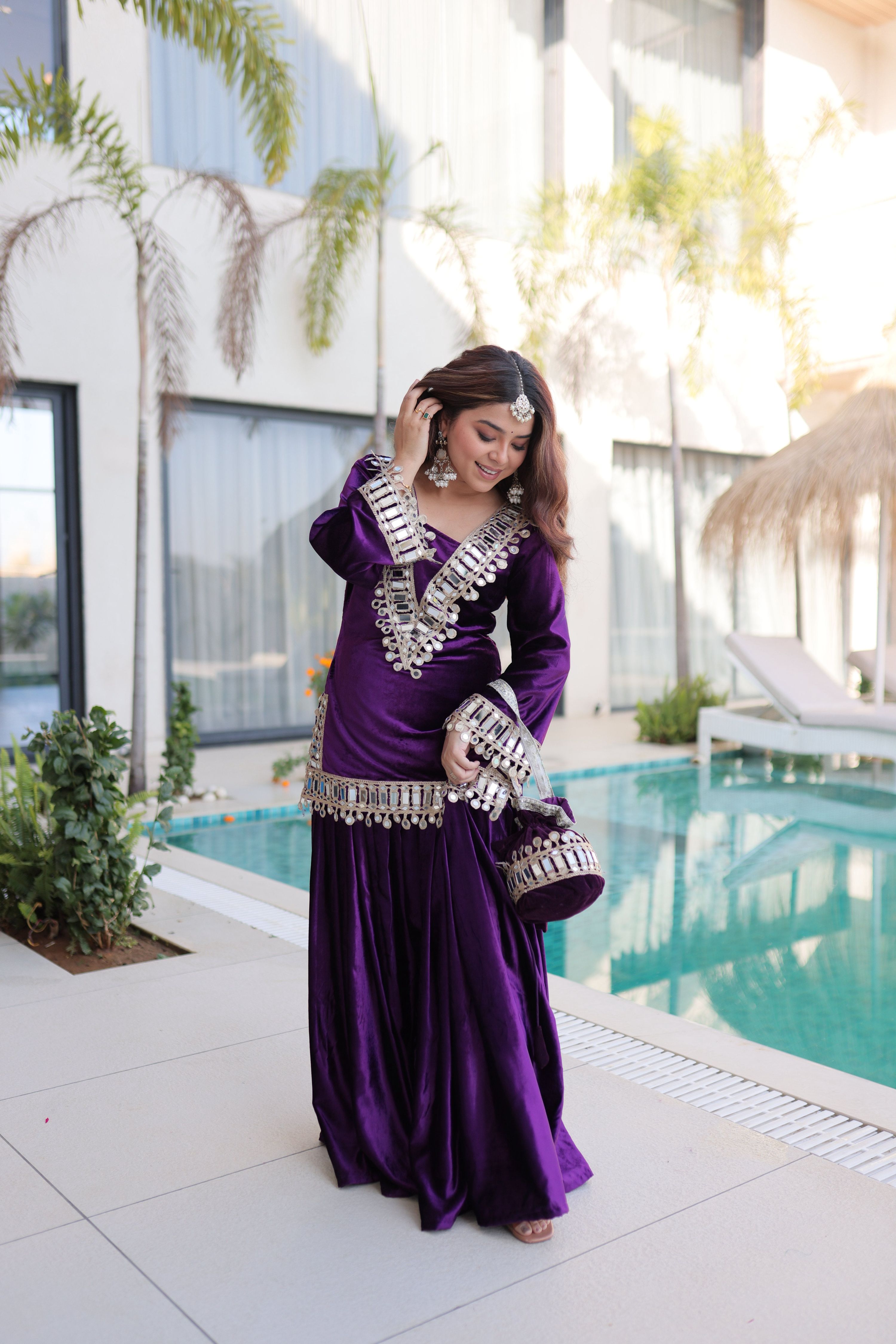 Jyoti Fashion Purple ICE Velvet Embroidered Designer Kurta Set with Batwa | Grocsy