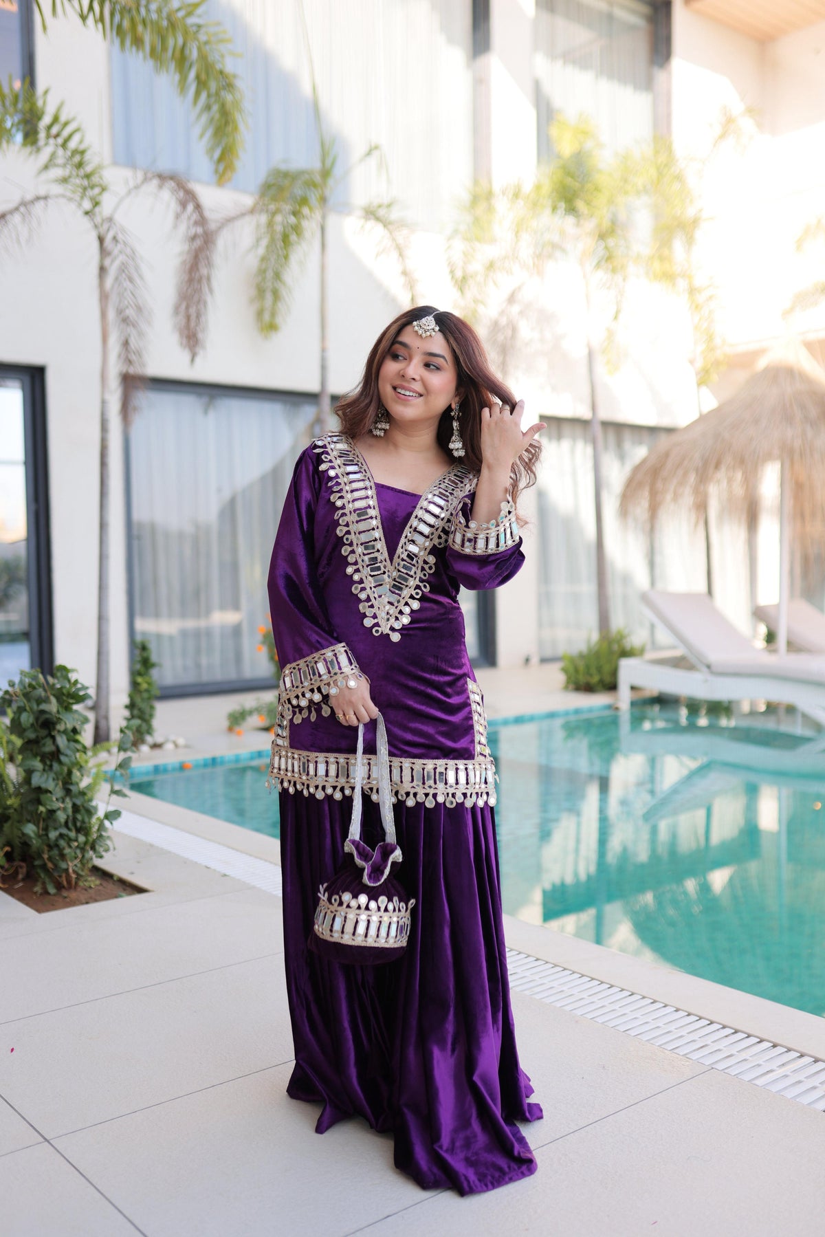 Jyoti Fashion Purple ICE Velvet Embroidered Designer Kurta Set with Batwa | Grocsy