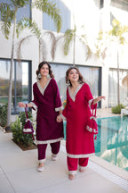 Jyoti Fashion Wine & Pink Velvet Embroidered Designer Combo Kurta Set with Batwa | Grocsy