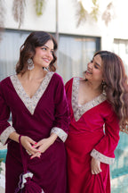 Jyoti Fashion Wine & Pink Velvet Embroidered Designer Combo Kurta Set with Batwa | Grocsy