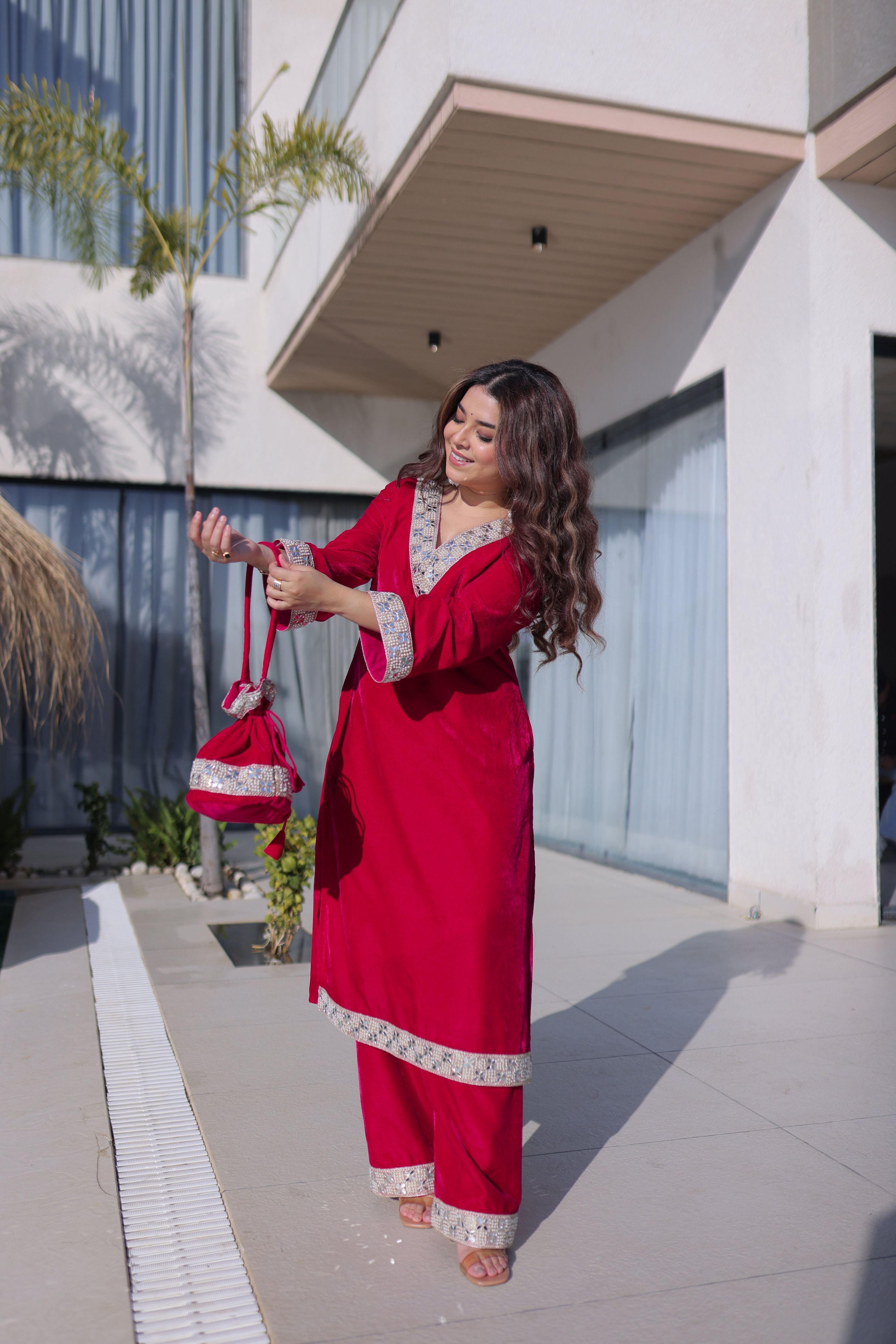 Jyoti Fashion Pink Velvet Embroidered Designer Kurta Set with Batwa | Grocsy