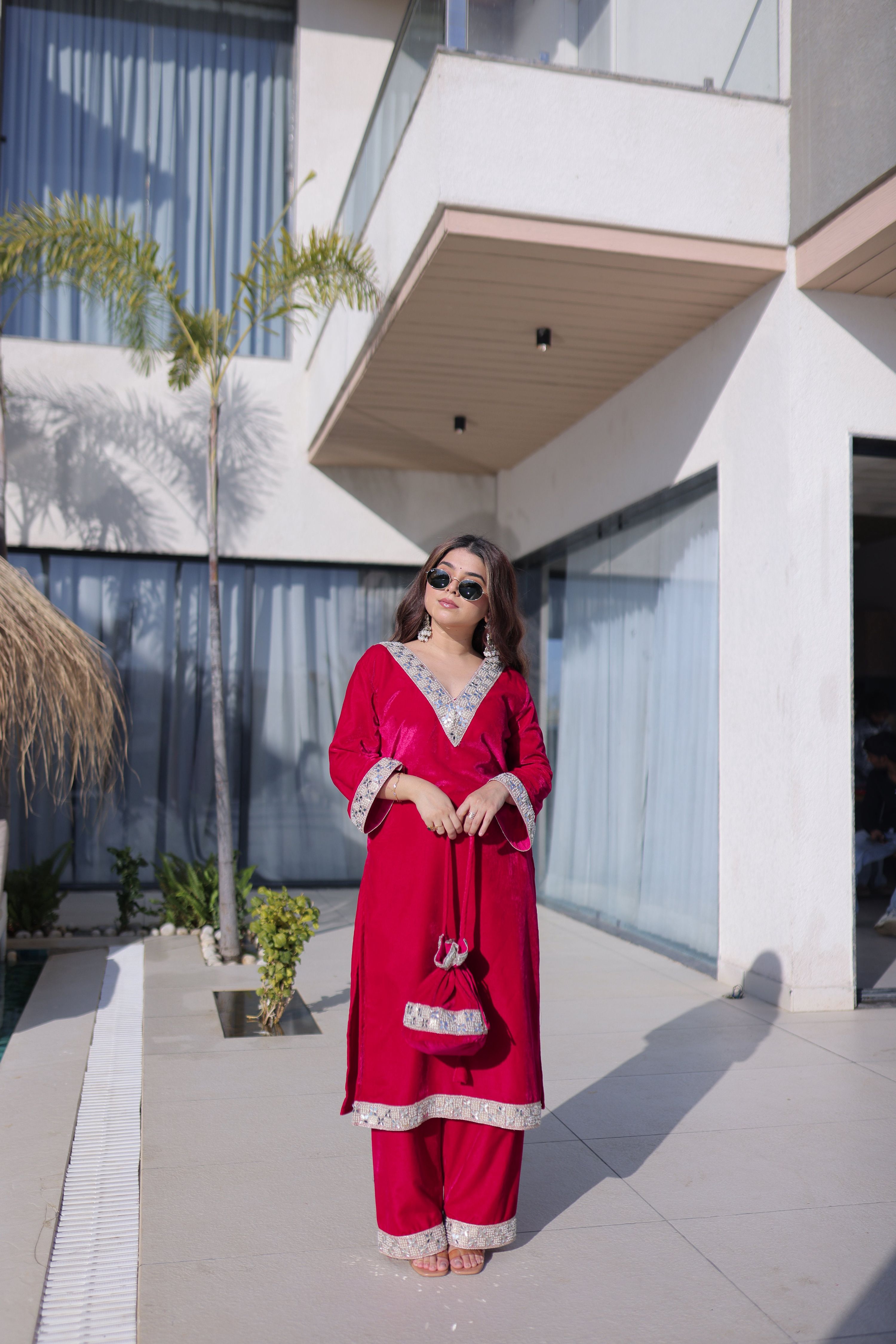 Jyoti Fashion Pink Velvet Embroidered Designer Kurta Set with Batwa | Grocsy