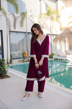 Jyoti Fashion Wine Velvet Embroidered Designer Kurta Set with Batwa | Grocsy