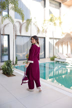 Jyoti Fashion Wine Velvet Embroidered Designer Kurta Set with Batwa | Grocsy