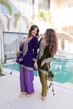 Jyoti Fashion Purple & Mehendi Velvet Embroidered Designer Combo Kurta Set with Batwa | Grocsy
