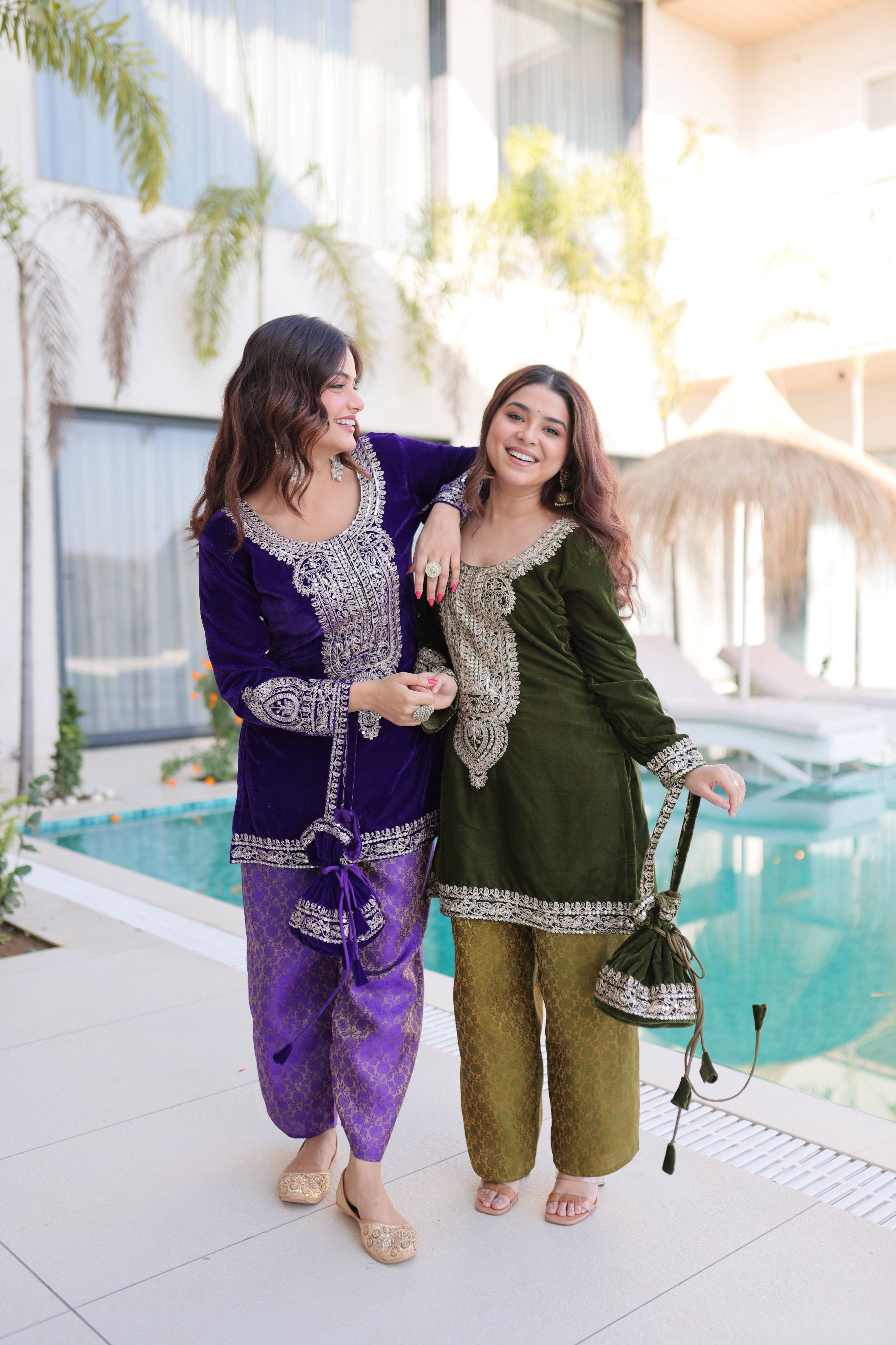 Jyoti Fashion Purple & Mehendi Velvet Embroidered Designer Combo Kurta Set with Batwa | Grocsy