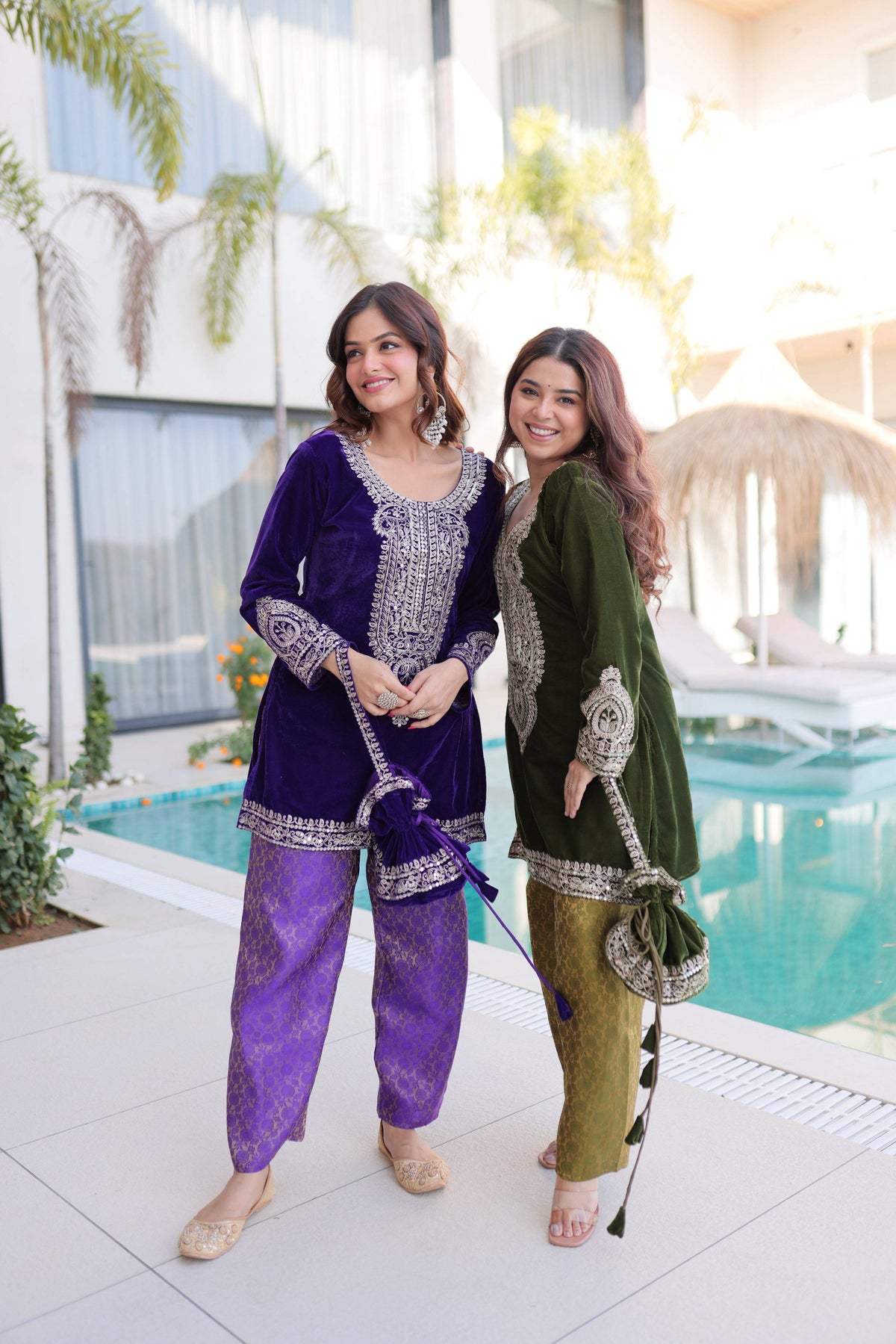 Jyoti Fashion Purple & Mehendi Velvet Embroidered Designer Combo Kurta Set with Batwa | Grocsy
