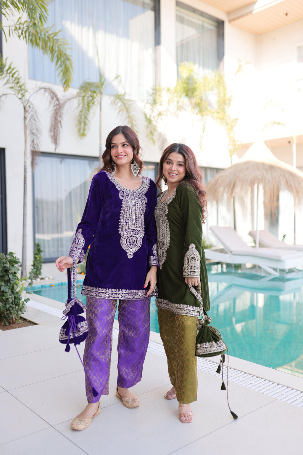 Jyoti Fashion Purple & Mehendi Velvet Embroidered Designer Combo Kurta Set with Batwa | Grocsy
