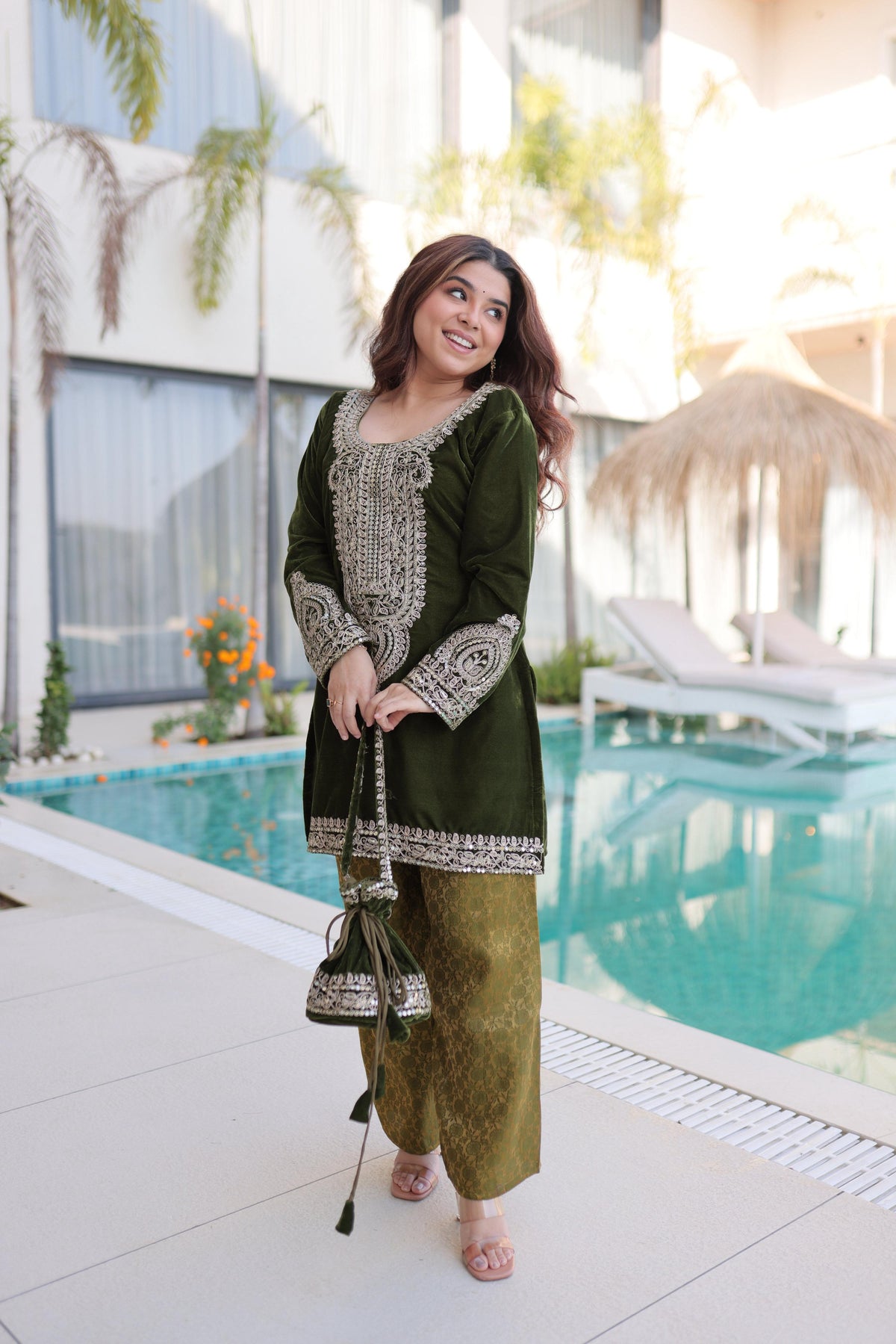 Jyoti Fashion Mehendi Velvet Embroidered Designer Kurta Set with Batwa | Grocsy