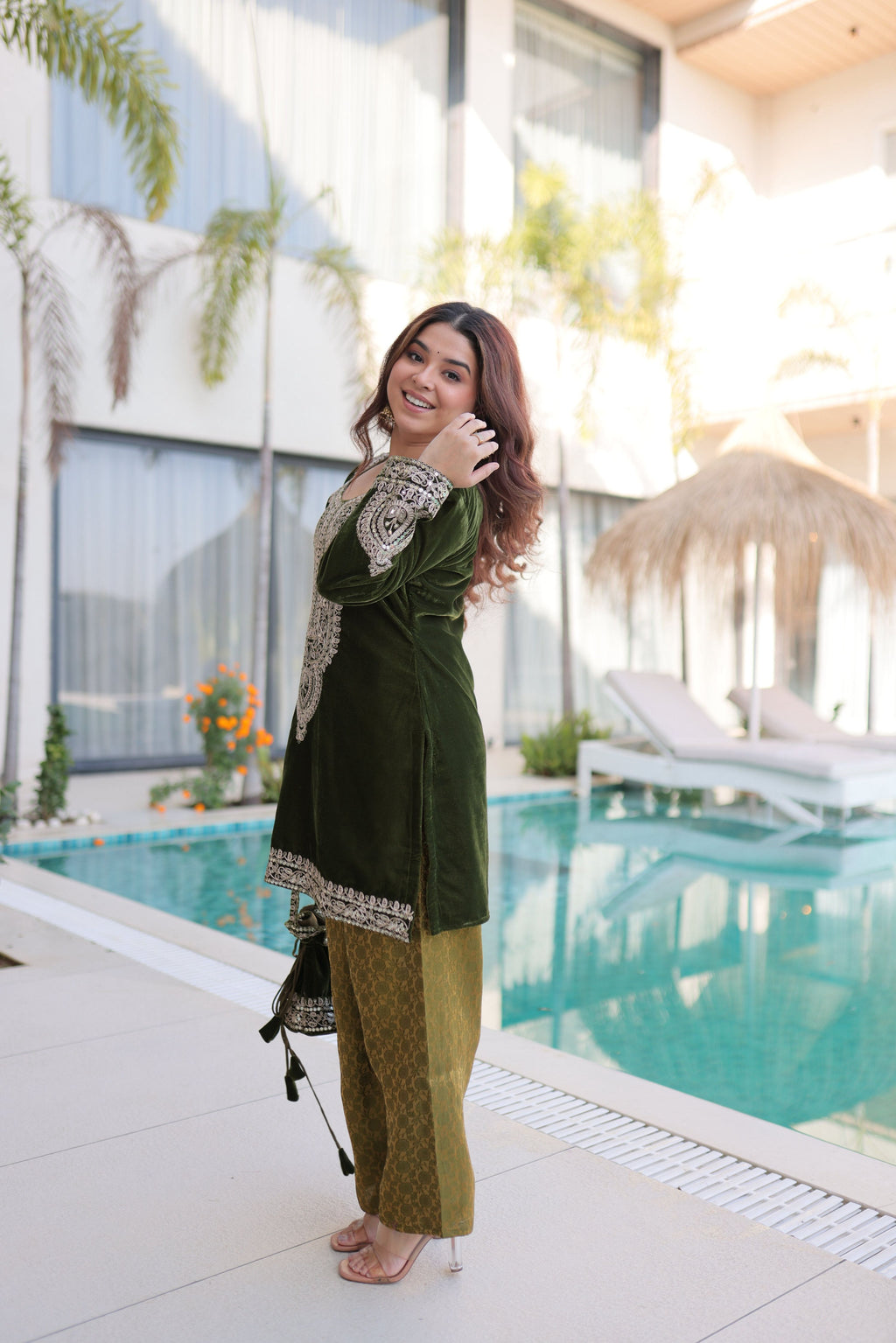 Jyoti Fashion Mehendi Velvet Embroidered Designer Kurta Set with Batwa | Grocsy