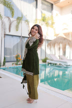 Jyoti Fashion Mehendi Velvet Embroidered Designer Kurta Set with Batwa | Grocsy