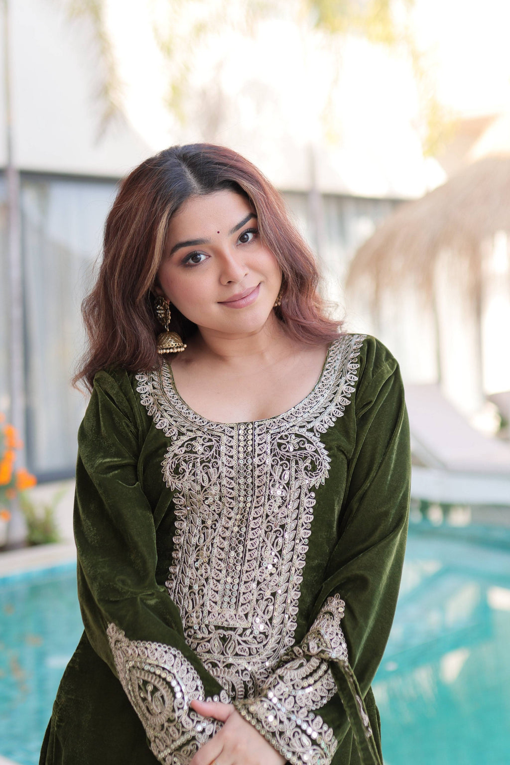 Jyoti Fashion Mehendi Velvet Embroidered Designer Kurta Set with Batwa | Grocsy