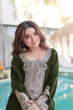 Jyoti Fashion Mehendi Velvet Embroidered Designer Kurta Set with Batwa | Grocsy
