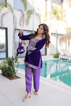 Jyoti Fashion Purple Velvet Embroidered Designer Kurta Set with Batwa | Grocsy