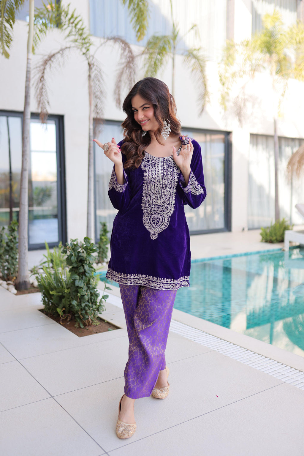 Jyoti Fashion Purple Velvet Embroidered Designer Kurta Set with Batwa | Grocsy